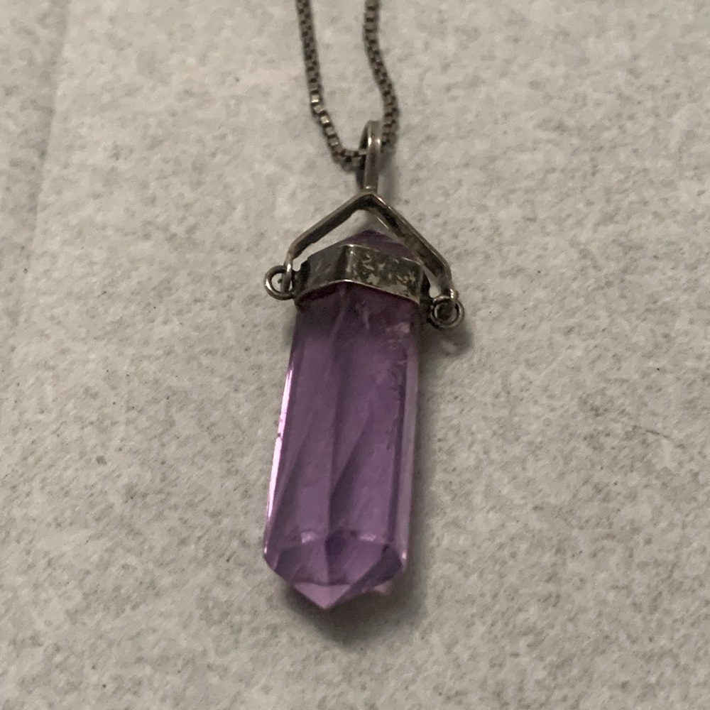 Sterling Silver Necklace With Purple Amethyst Gem Amulet 18” Chain Italian 925